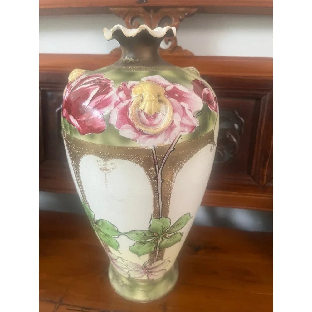 Antique Nippon Hand Painted 3 Handled Rose Vase